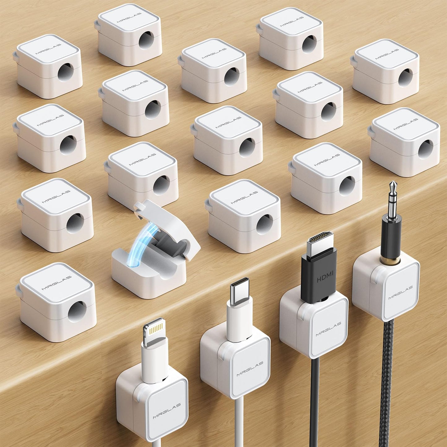MRGLAS 20-Pack Magnetic Cable Management Cord Organizer,[1s Lock] Cable Holder Clips -Desk Cable Clips [Cable Smooth Adjustable], Adhesive Wire Organizer Keeper for Nightstand Desktop Wall Car Office