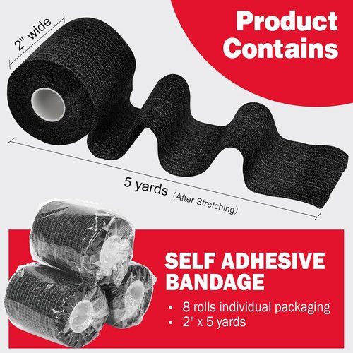 AZEN Self-Adhesive Bandage Wrap - 8 Pack, 2" x 5 Yards, Elastic Cohesive Athletic Tape, Black