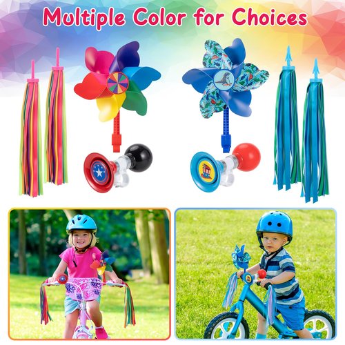 Kids Bike Horn Set, Children Bicycle Bell with 2 Pcs Bike Handle Streamers, and Windmill Kid Bike Accessories for Girls or Boy(Blue)