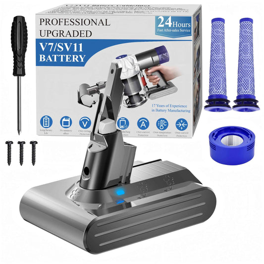 Professional 8500mAh V7 Animal Battery Replacement for Dyson SV11 V7 Motorhead Animal Trigger HEPA Car+Boat Absolute Handheld/Stick Vacuum Cleaners 3 Filters and 3 Screws Included