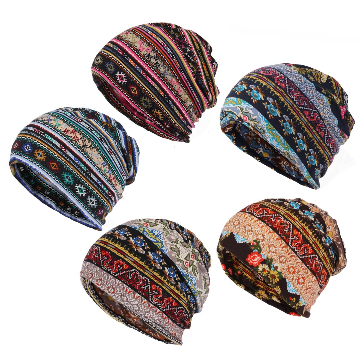 Lunukopi 5 Pieces Women's Slouchy Beanie Chemo Hats - Soft Open Top Sleep Cap - Breathable Stretch Head Scarf and Cancer Headwear for Hair Loss
