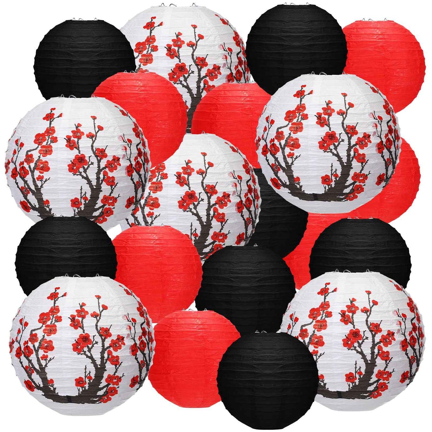Mudder 20 Pieces Chinese Japanese Paper Lanterns Includes Cherry Flowers Paper Lanterns for Hibachi Birthday Party Asia Home Restaurant Wedding Decor(Red White and Black,Zen Style)