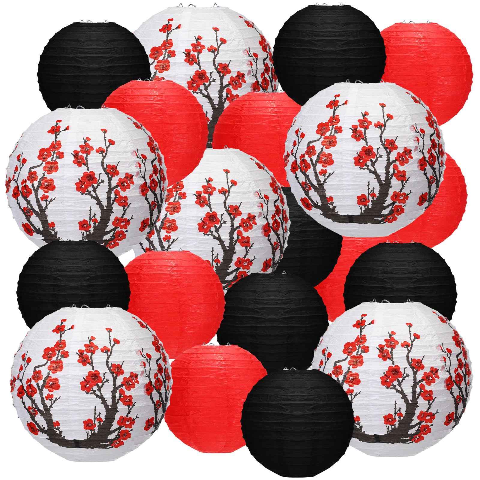 Mudder 20 Pieces Chinese Japanese Paper Lanterns Includes Cherry Flowers Paper Lanterns for Hibachi Birthday Party Asia Home Restaurant Wedding Decor(Red White and Black,Zen Style)