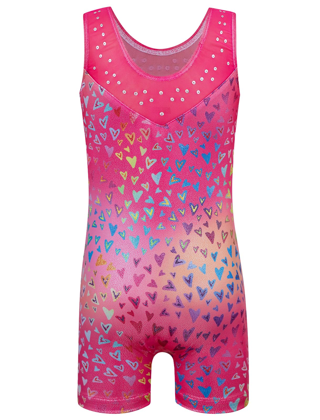 HOZIY Gymnastics Leotards for Girls Mesh Neckline with Iridescent Rhinestones Back Cut Out Sleeveless Size 9-10 Years Love Heart Biketard Shorts Tumbling Outfits Kids Sparkly Shiny