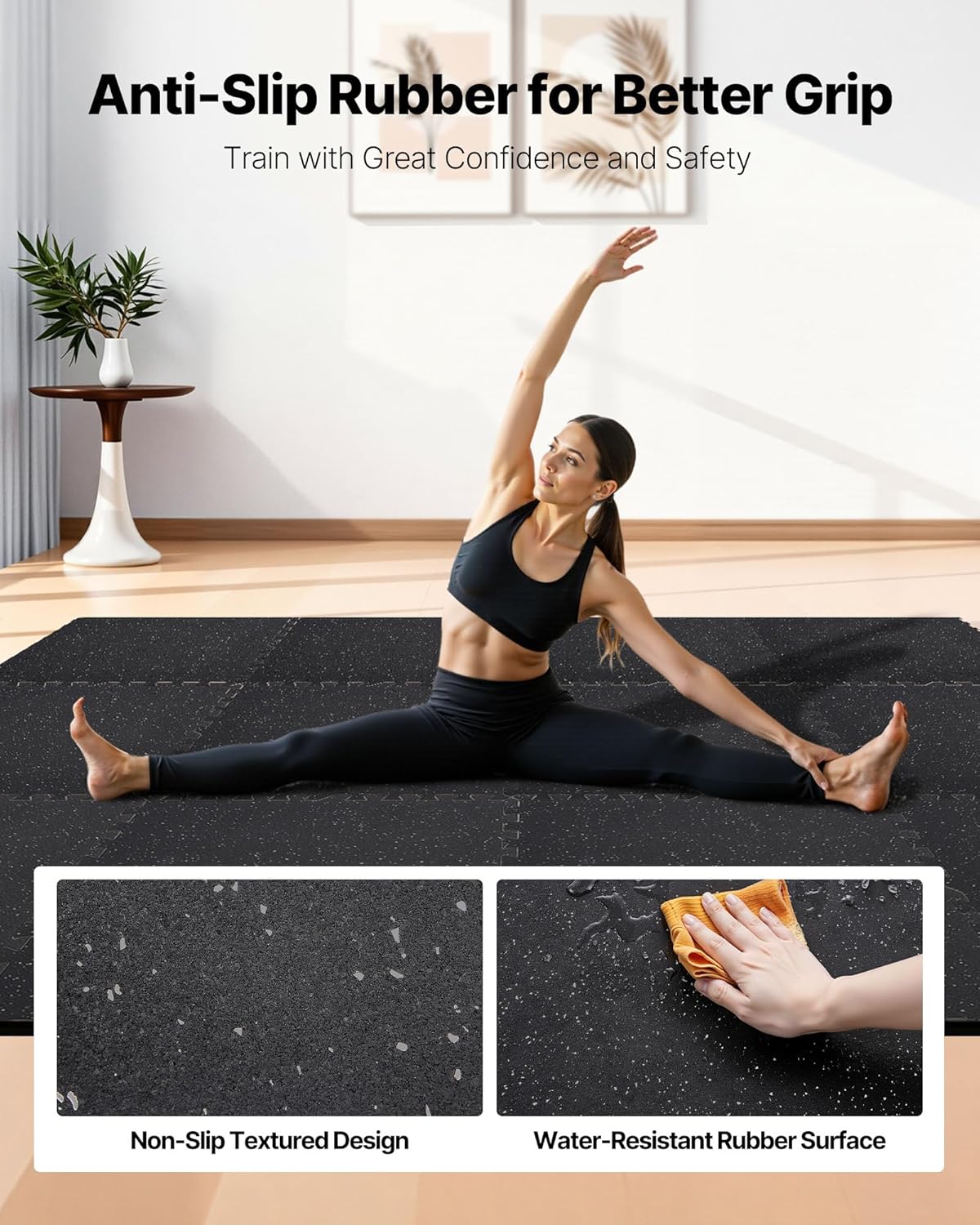 VEVOR Gym Flooring Tiles - 0.56 Inch Thick, High-Density EVA Foam, 24 x 24 Inch, Black & Gray, 96 sq.ft
