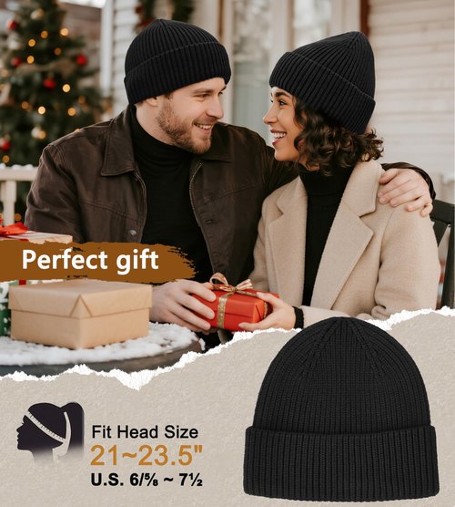 Seamless Beanie Hat for Men Women, Wool Fisherman Beanies, Unisex Cuffed Knit Warm Winter Hats Skull Cap Ski Caps Black