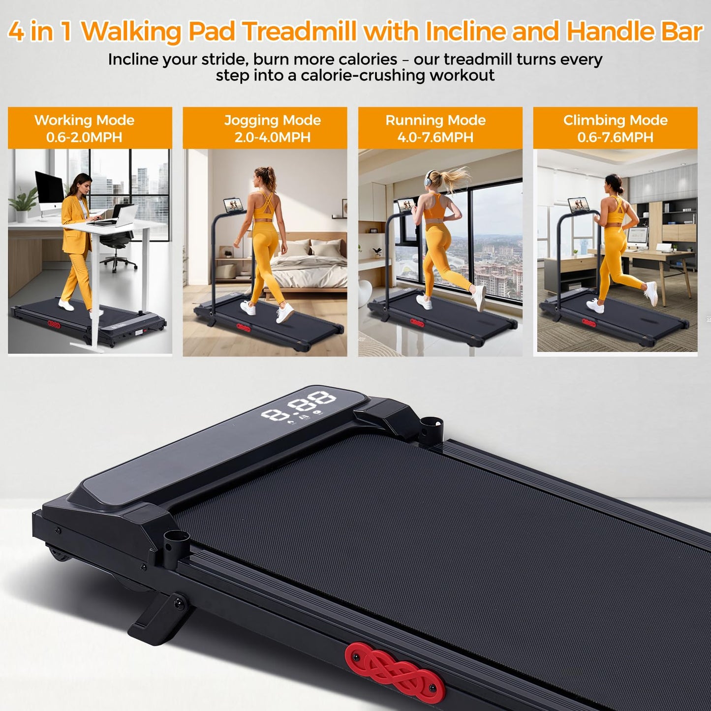 KASSADIN Electric Walking Pad Treadmill with Handle Bar Incline for Home