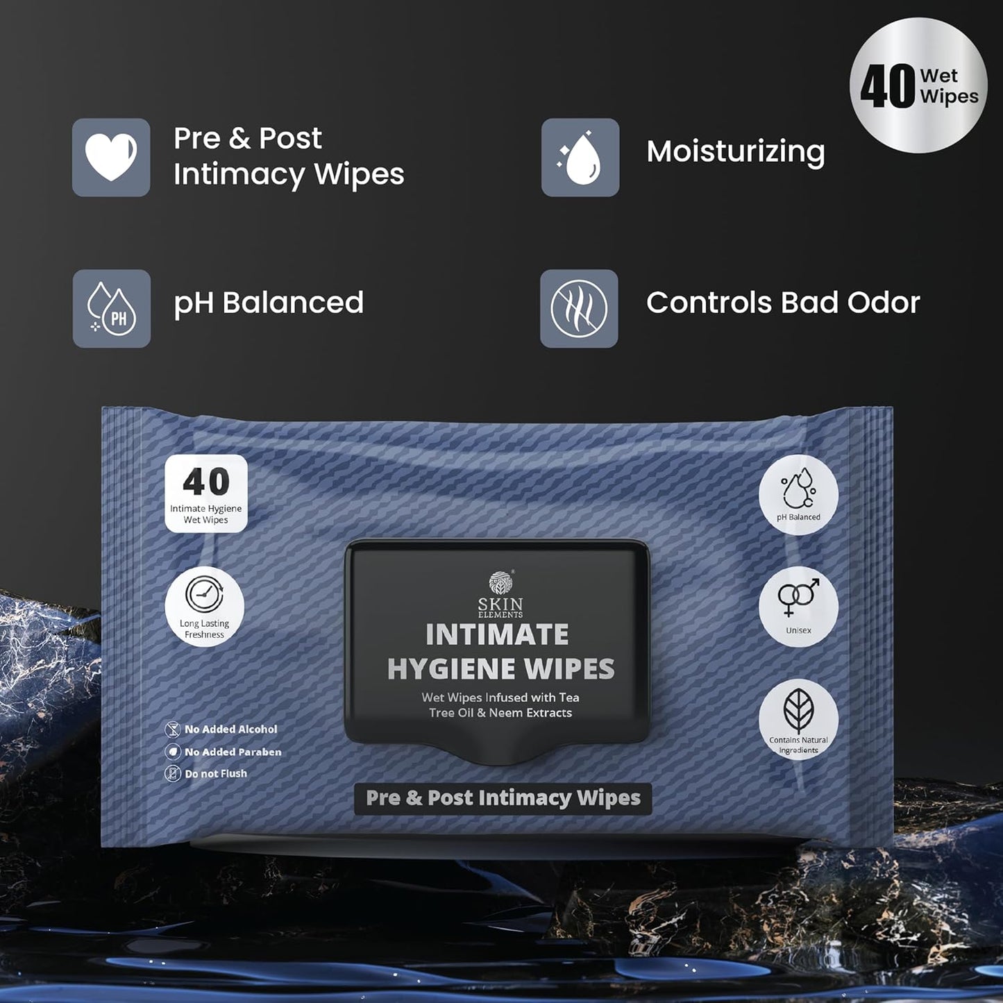 Skin Elements Intimate Hygiene Wipes - pH Balanced Wet Wipes with Tea Tree Oil & Neem | 40 Count