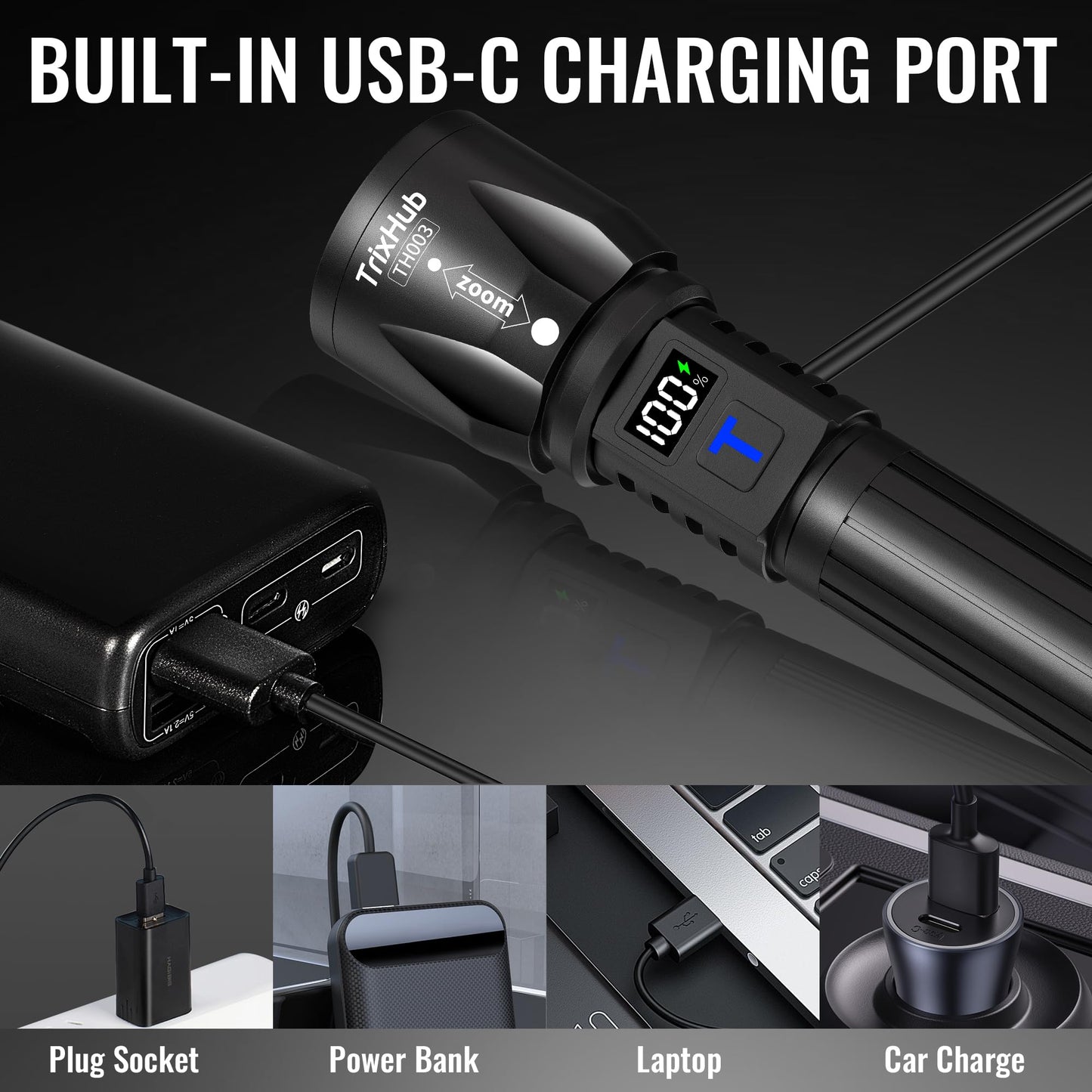TrixHub Rechargeable Flashlights 3Pack High Lumens, 5Mode Rechargeable Flashlights with LCD Digital Display, Super Bright Flashlight Adjustable Flash Light, High Powered LED Flashlight for Emergency