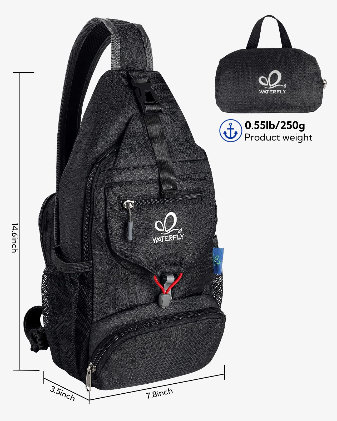 WATERFLY Packable Small Crossbody Sling Backpack Shoulder Chest Bag Daypack for Hiking Traveling