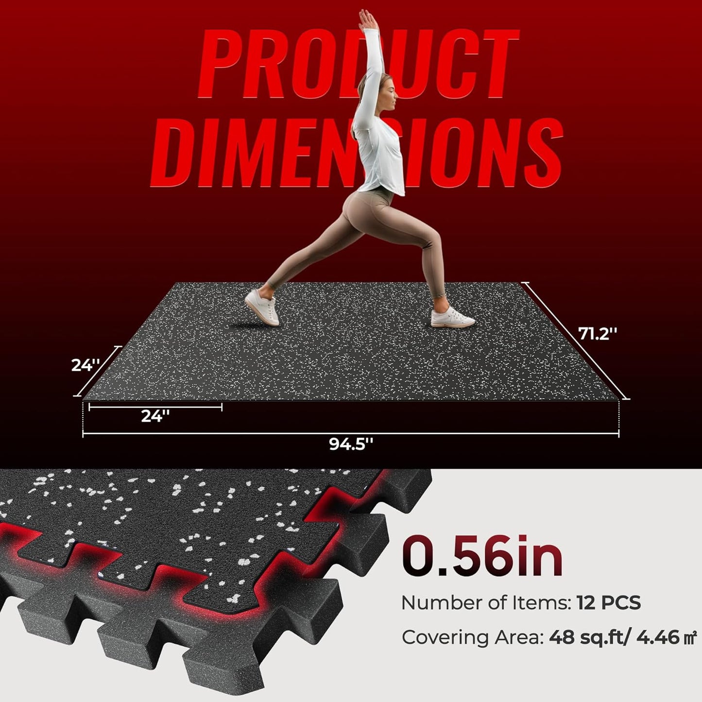 SUPERJARE Rubber Top Exercise Mats - 12 Pcs, 48 Sq Ft High Density EVA Foam Interlocking Gym Flooring | Black/Grey