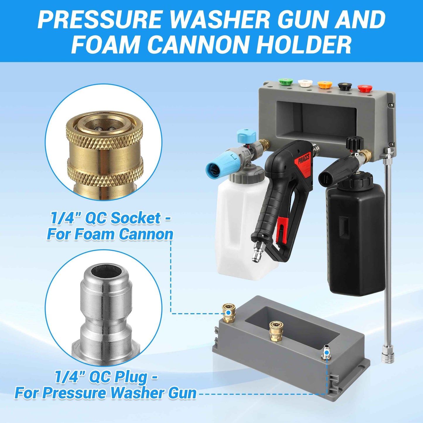 PWACCS Pressure Washer Gun Holder, Foam Cannon Holder, 1/4" Quick Connect Pressure Washer Nozzle Tip and Wand Holder, Foam Cannon Bucket Mount for Organize Power Washing Accessories
