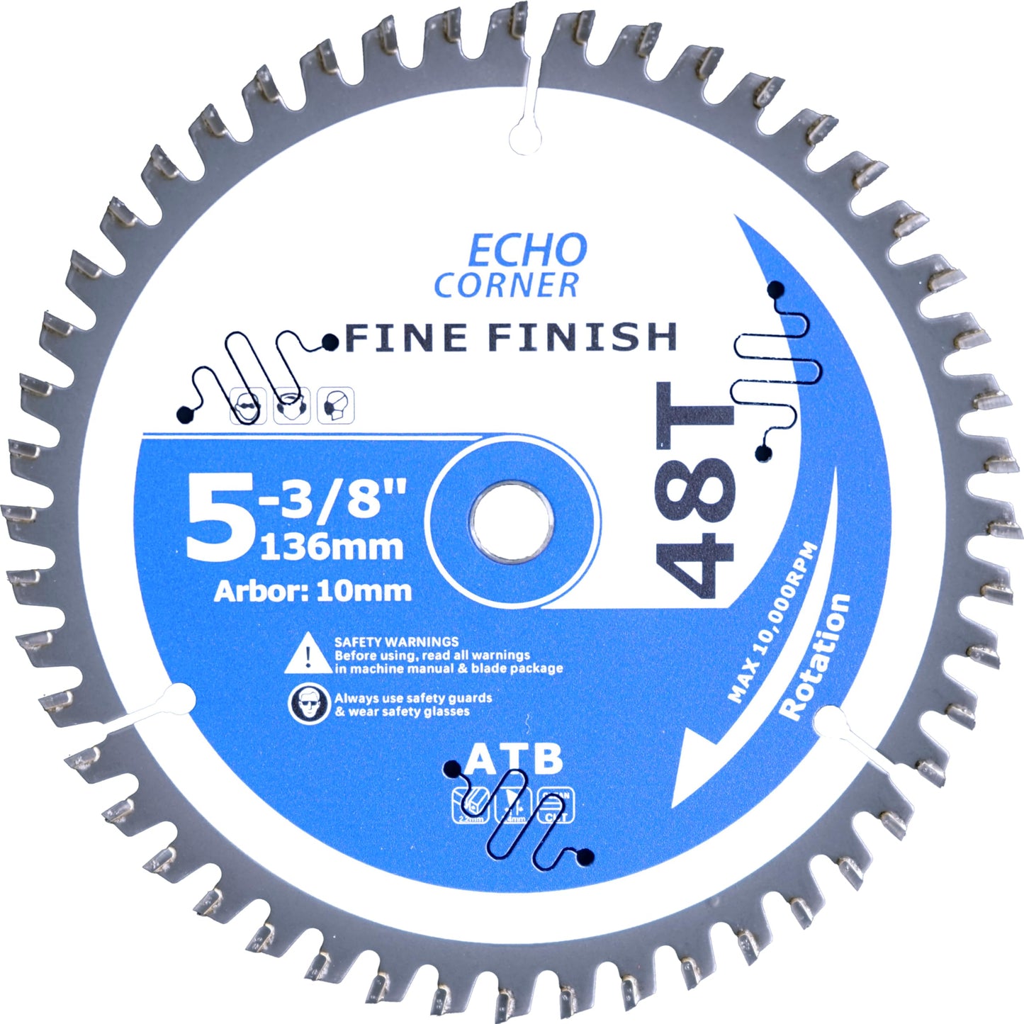 Echo Corner 5-3/8 Inch (10mm Arbor) 48Tooth Circular Saw Blades, Fine Cut Fine Finish Crosscut Framing Ripping Wood Plywood MDF Plastic Veneer Lumber Laminate (Wood 48T)