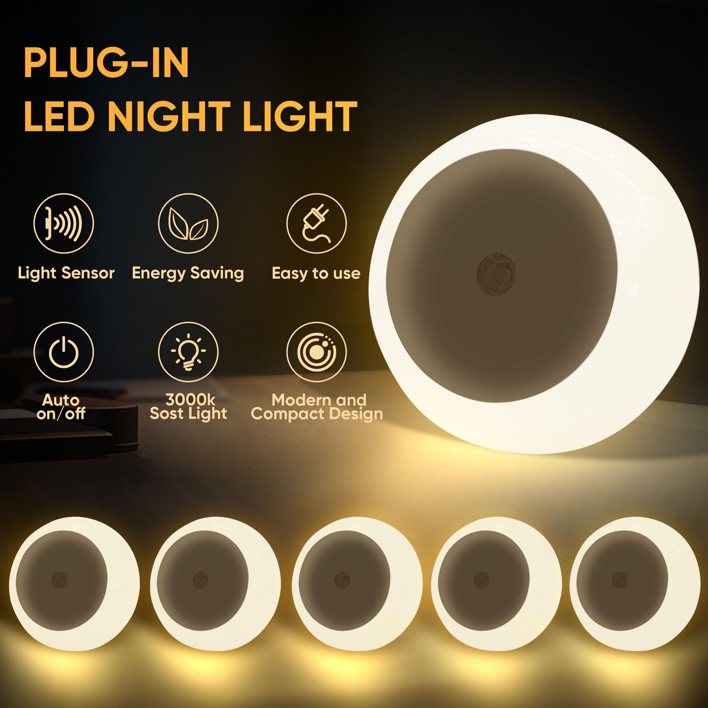 Jedqlnye LED Night Lights Plug into Wall 6 Packs,Dusk-to-Dawn Light Sensor with Automatically Turn on and Off Wall Night Light for Bedroom,Bathroom,Stairs,Corridor (Warm White, Round-6pack)