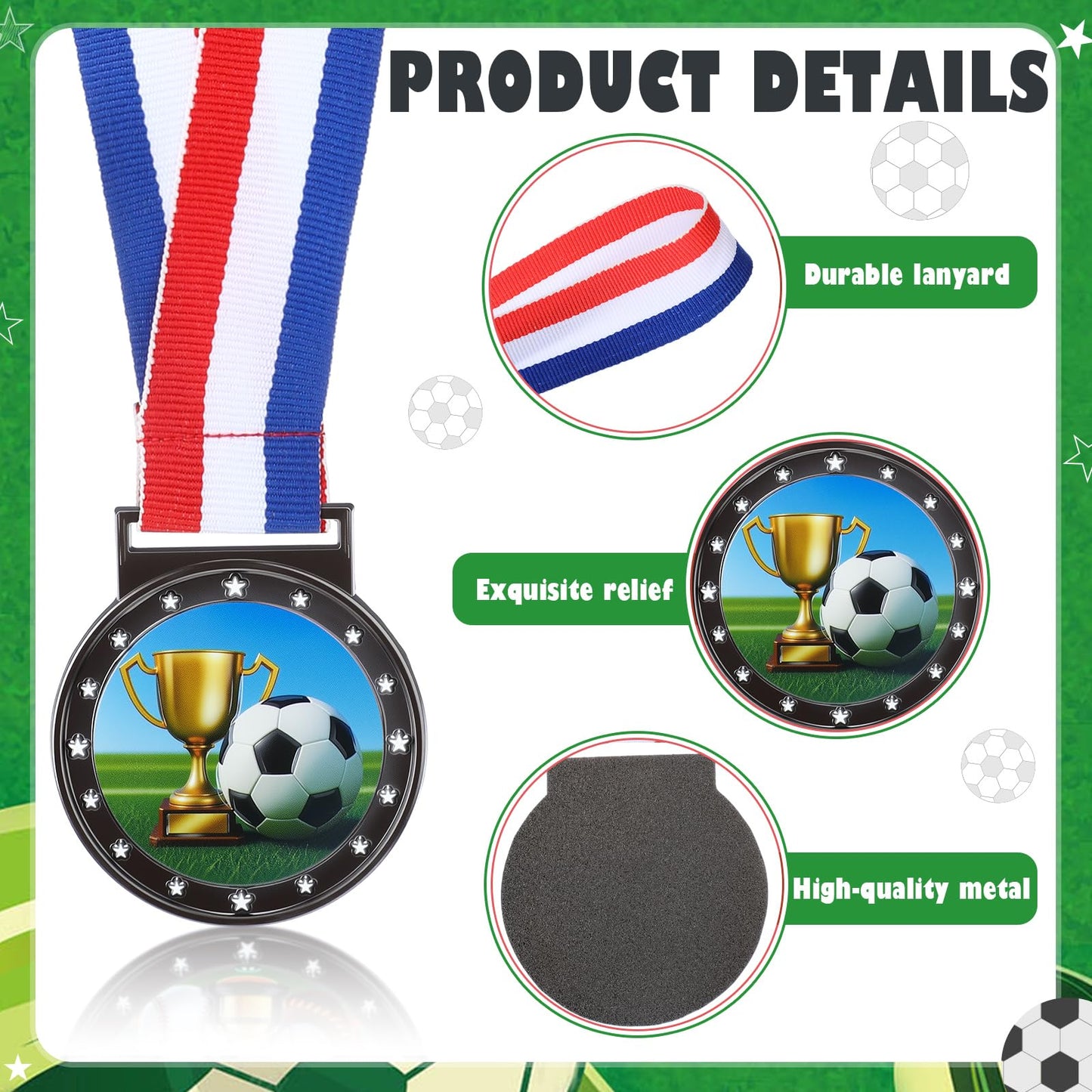 Kenning 24 Pcs Soccer Medals for Teens and Adults with Attached Neck Ribbons, Award Medals Metal Trophy Trophies Gift for Sports Competitions Celebration Soccer Party Favors Team Participation