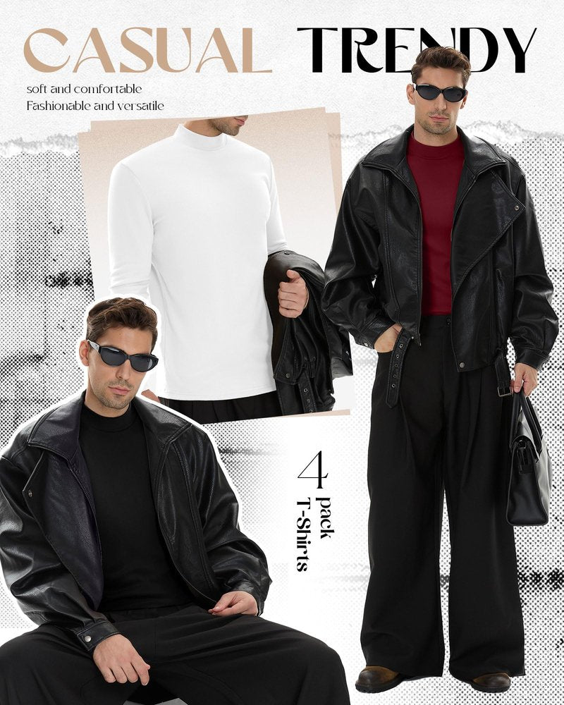 Velvelhall 4 Pack Men's Mock Turtleneck Shirts, Long Sleeves Thermal Pullover Sweater Casual Undershirt Loose Fit Tops(Black, Burgundy, Navy Blue, White,Large)