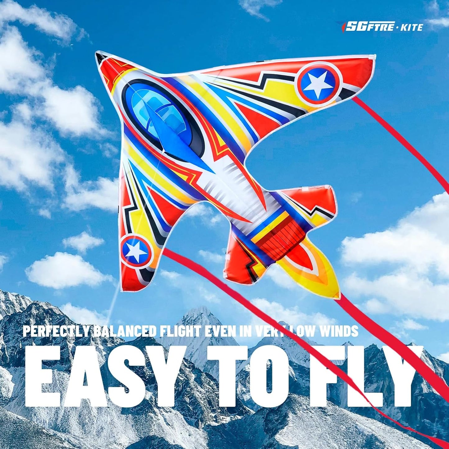 SGftre Kite - Easy to Fly Airplane Kite for Kids Ages 4-8 | Red Fighter Plane for Outdoor Fun