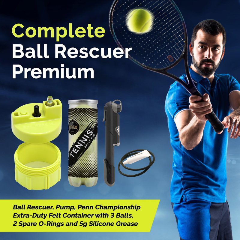 BALL RESCUER: Tennis Ball Pressurizer Premium Kit - Converts Compatible Tennis Ball Container to a 30 psi Pressurizer & Extends Ball (Includes Maintenance Kit, Compatible Container & Pump)