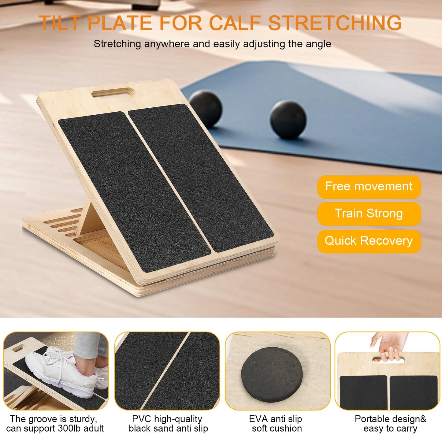 Portable Wooden Slant Board for Calf Stretching Squats Calf Stretcher with Training Poster, 300 Lbs Weight Capacity Calf Stretch Wedge for Leg, Knees, Heel, Ankle & Stretching