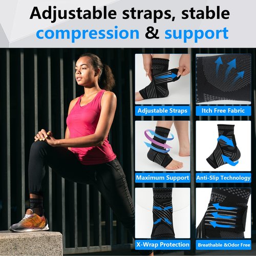 DRNAIETY Copper Ankle Brace for Men & Women - 1 Pair Adjustable Ankle Support Compression Sleeve for Plantar Fasciitis, Achilles Tendonitis, Foot Pain, Swelling, Sprains - Everyday Use (Black,XL)