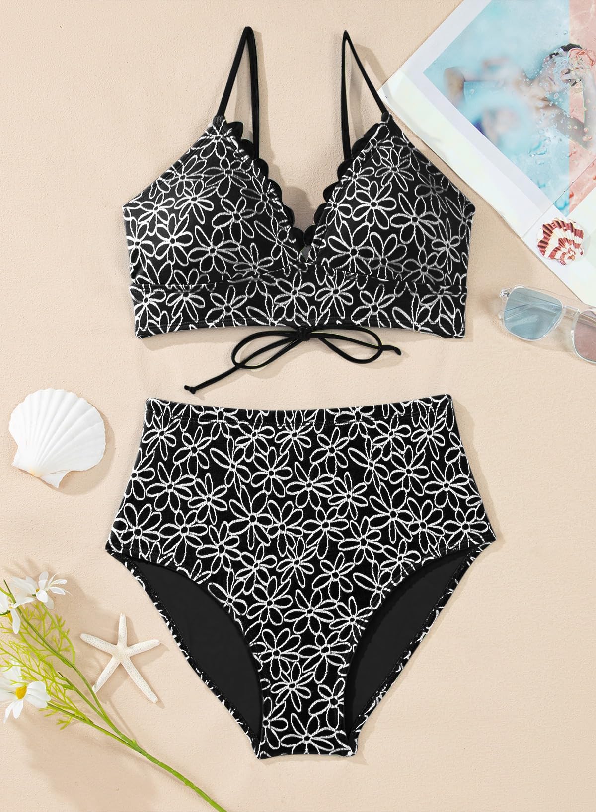 Herseas Women's Embroidered Flowers 2 Pieces Black Bikini Sets Scalloped V Neck Push Up Swim Suits 2026 High Waisted Lace Up Back Bathing Suits Sexy Cruise Essentials X-Large
