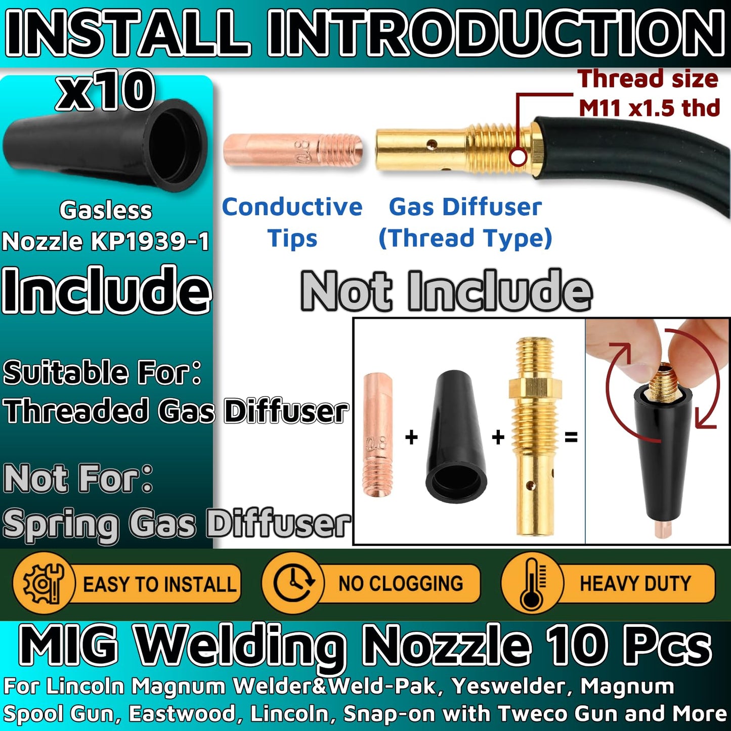 10pcs MIG Welding Flux Core Gasless Nozzle，Welding Tools MIG Welding Accessories Set MIG Welding Nozzle MIG Welder S7 Accessories for Lincoln Forney Chicago Electric Clarke Welder And More