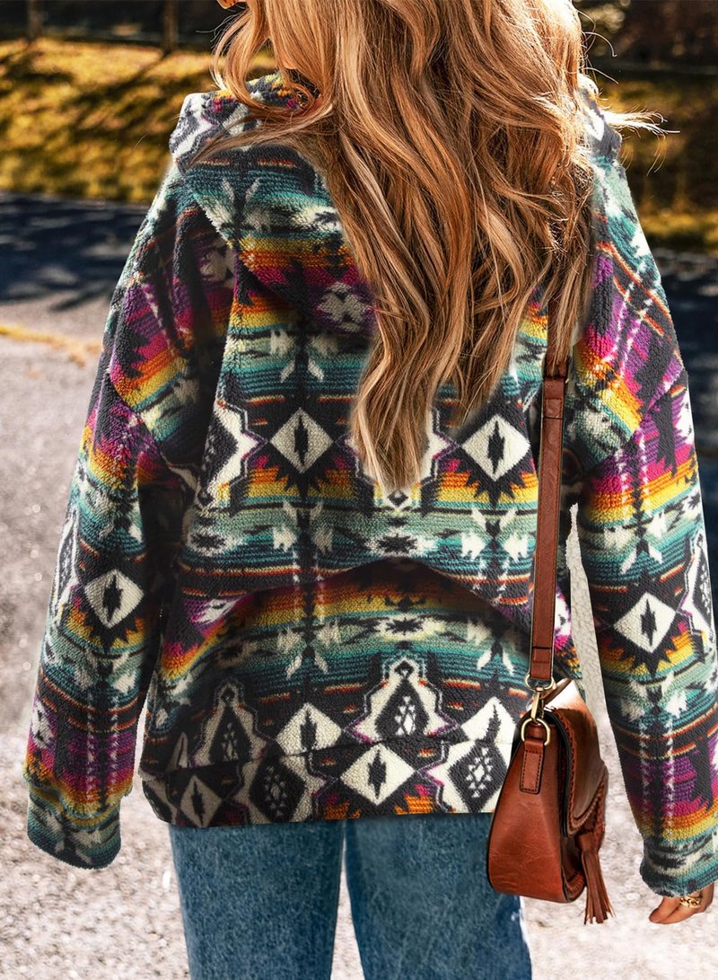 LUKYCILD Womens Western Aztec Print Zip up Hoodies Sweatshirt Sherpa Fleece Jacket Coat with Pockets Casual Warm Outwear