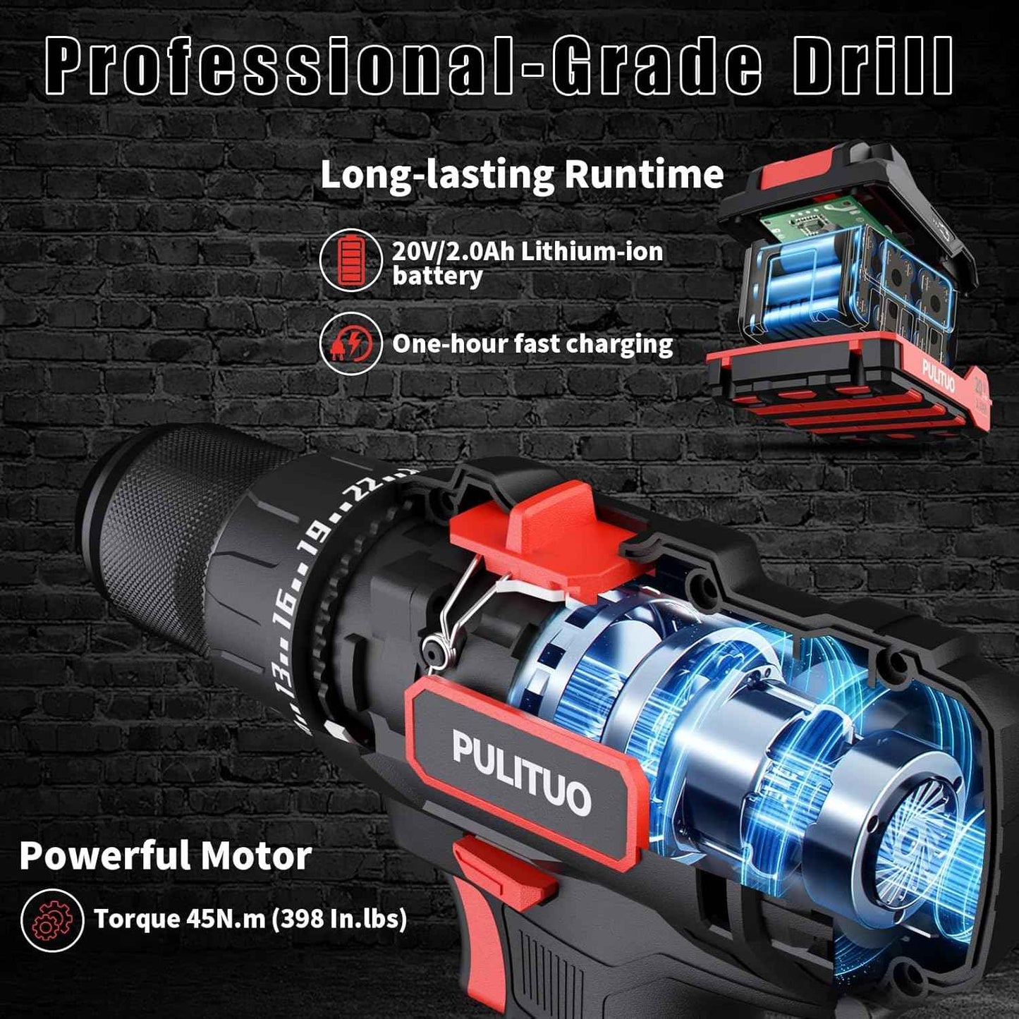 PULITUO'S 20V Cordless Drill/Driver, Electric Screwdriver - 2 Batteries, 30Nm, 21+1 Torque, 2 Speed, Keyless 3/8" Chase Drill with LED Light, Kit for Home (Green)