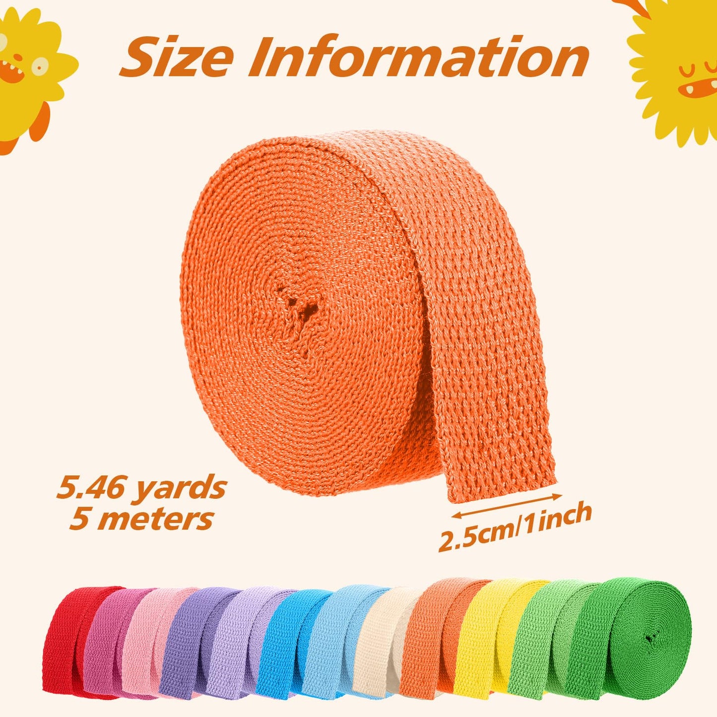 Nodaaiie 12 Rolls Polypropylene Webbing Strap, 1 Inch Heavy Duty Webbing for DIY, Outdoor Gear, Furniture Repair, 5 Yards per Roll, Multicolor