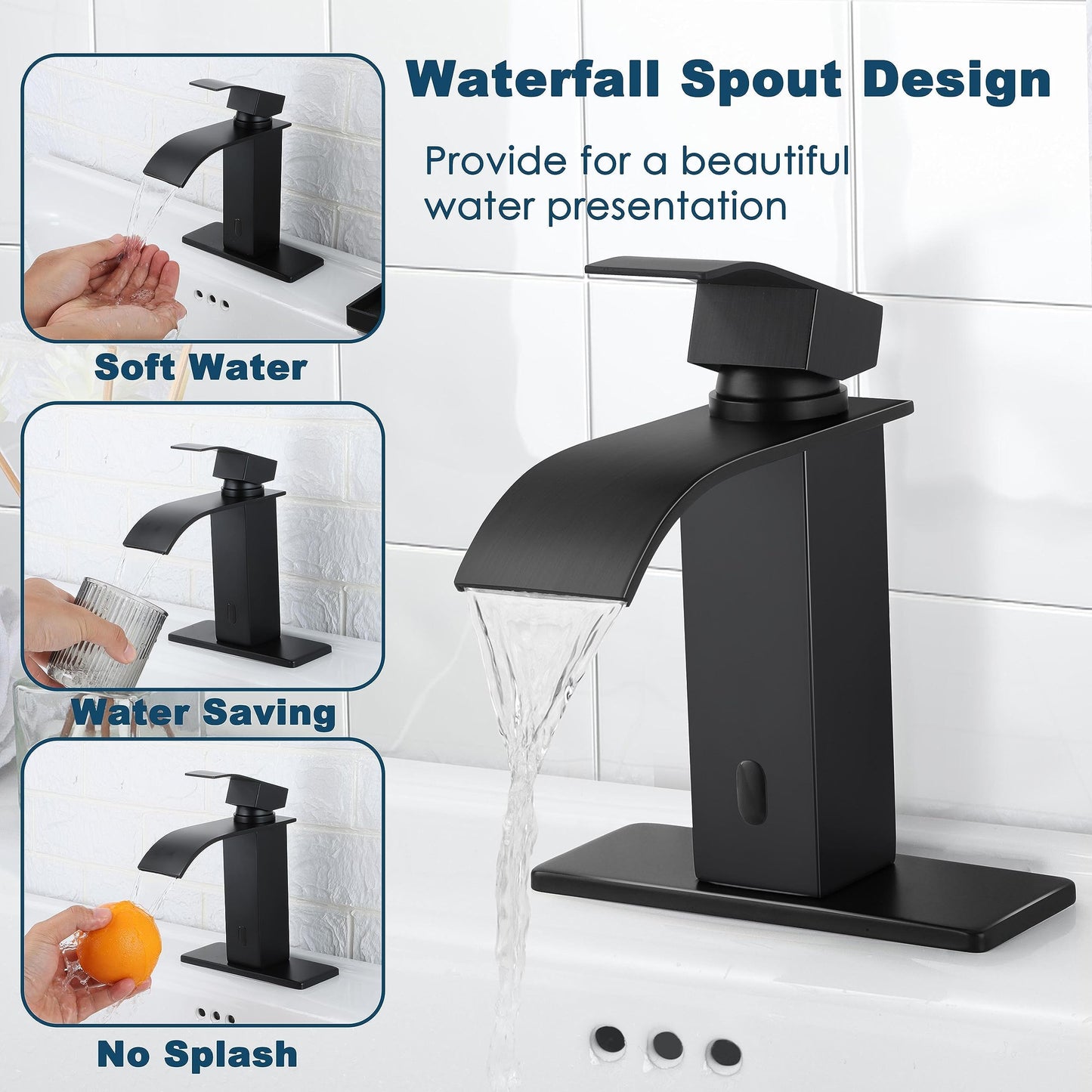 Touchless Bathroom Sink Faucet, Herogo Automatic Sensor Matte Black Waterfall Stainless Steel Bathroom Faucet with Brass Pop Up Drain for Vanity RV Lavatory Farmhouse