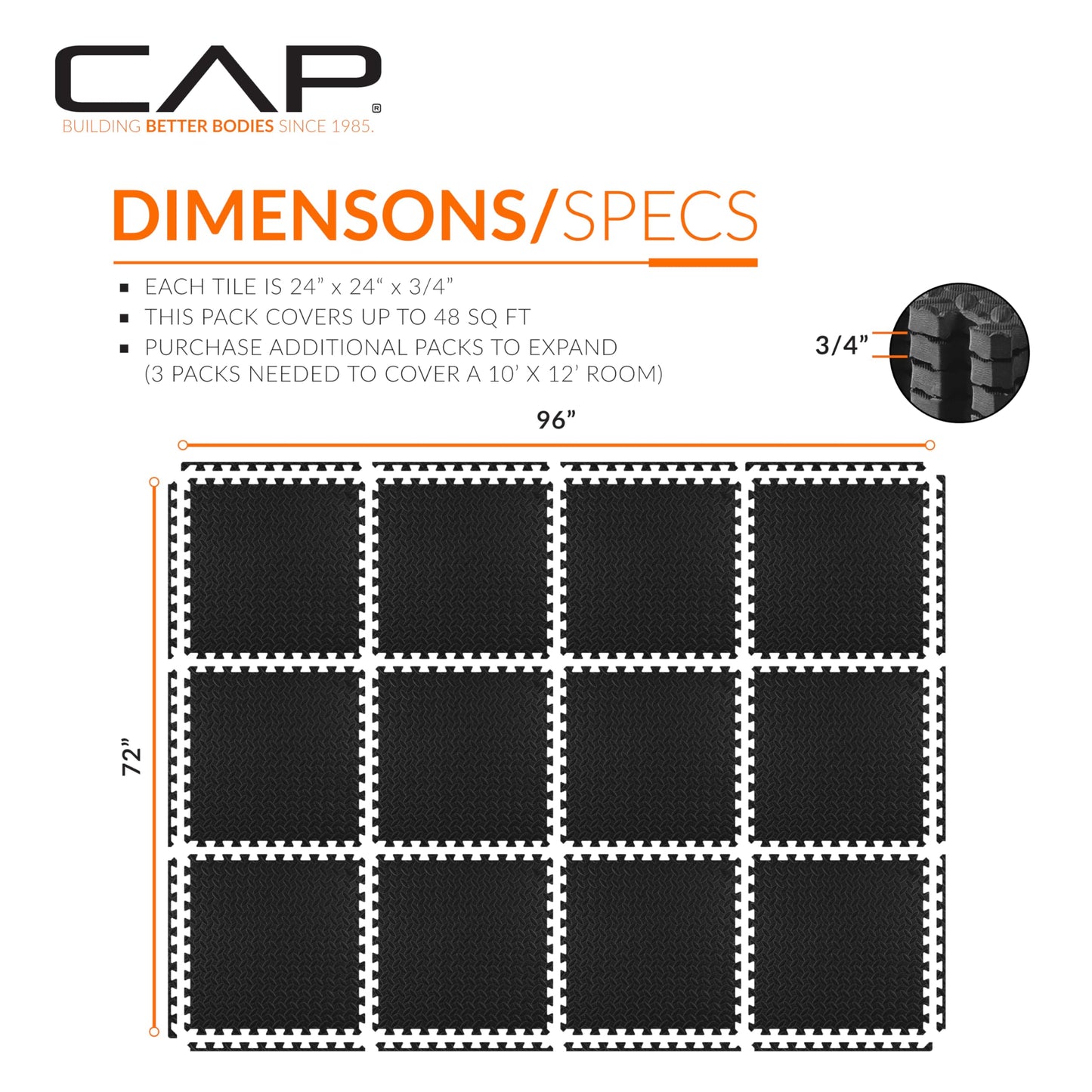 CAP Barbell 3/4-Inch Interlocking EVA Foam Exercise Puzzle Mats - 2 Pack | 24" x 24" x 3/4" | Diamond Pattern - Black
