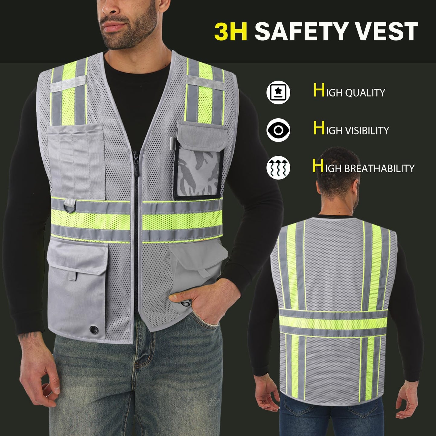 JKSafety Safety Vest for Men Women Hi Vis Relfective Vest with Pockets High Visibility Meet ANSI Standard Grey Color with Extended Yellow Strips (BX330-Grey M)