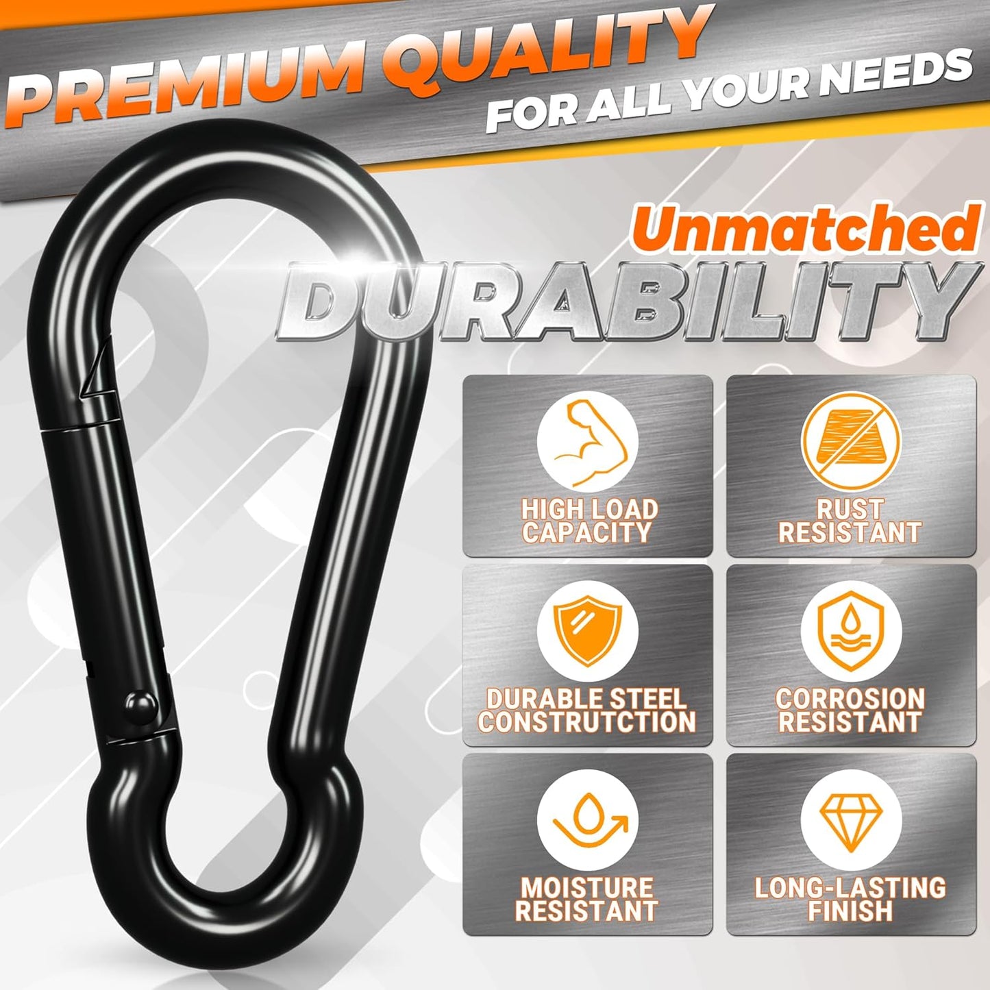Sprookber Heavy-Duty Carabiner Clips - Iron Spring Snap Hooks for Keys & Outdoor Gear | Set of 6 (Black)