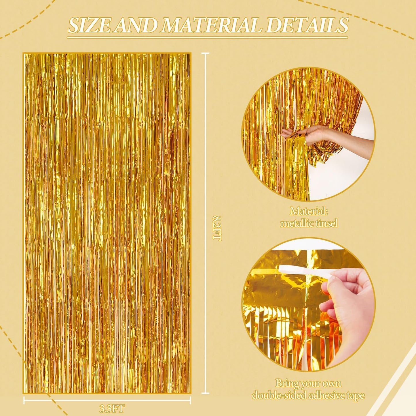 DECOCKRAT 3 Pack Foil Fringe Backdrop - Gold Shiny Tinsel Curtains for Party Decoration/Photo Booth Props - 3.3x8.2 FT Metallic Foil Backdrop for Birthday, Wedding, Graduation, Christmas.