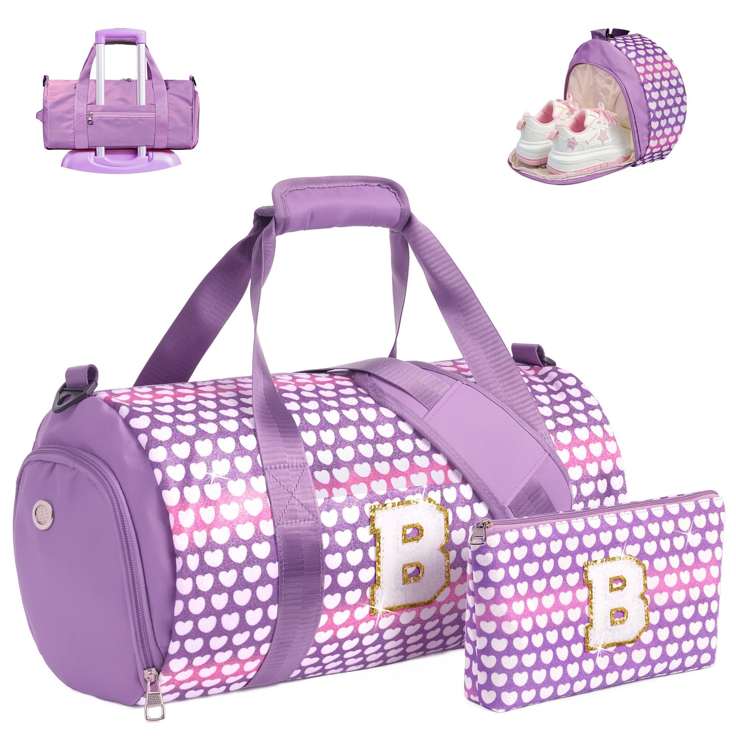Vogewood Trendy Stuff for Tween, Girls Travel Duffle Bag, Initial Kids Overnight Weekend Bag with Shoe Compartment,Kids Gym Ballet Dance Bag with Makeup Pouch, Teenager Girl Gift Ideas (Letter B)