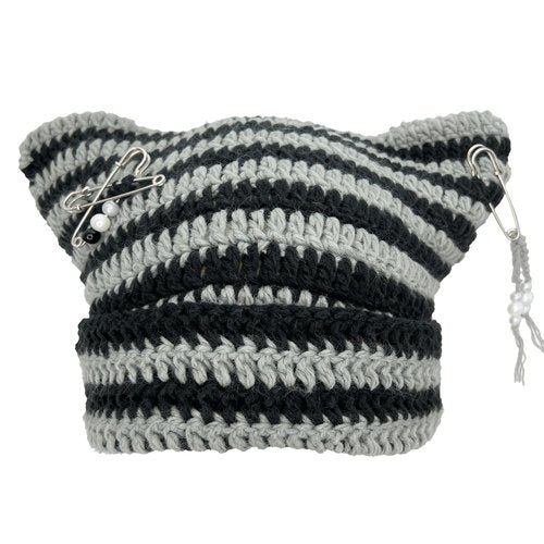 Hshsclth Cat Ear Crochet Beanie Hat Y2K Style with DIY Accessories Goth Knit Hat for Women Girls (US, Alpha, One Size, Black and Grey Stripe)