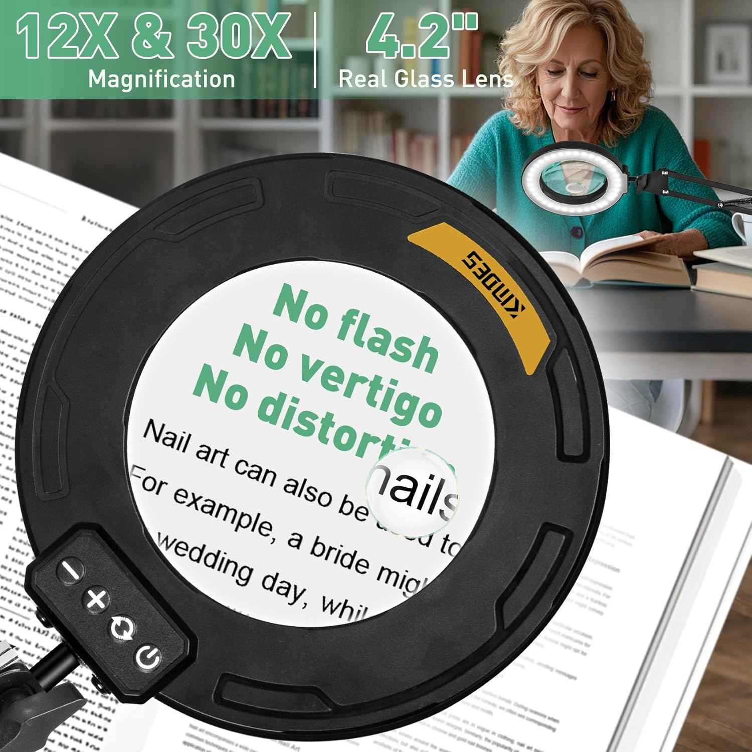 12X LED Magnifying Glass Desk Lamp with Swing Arm & Clamp - 5 Brightness Levels for Crafts & Reading