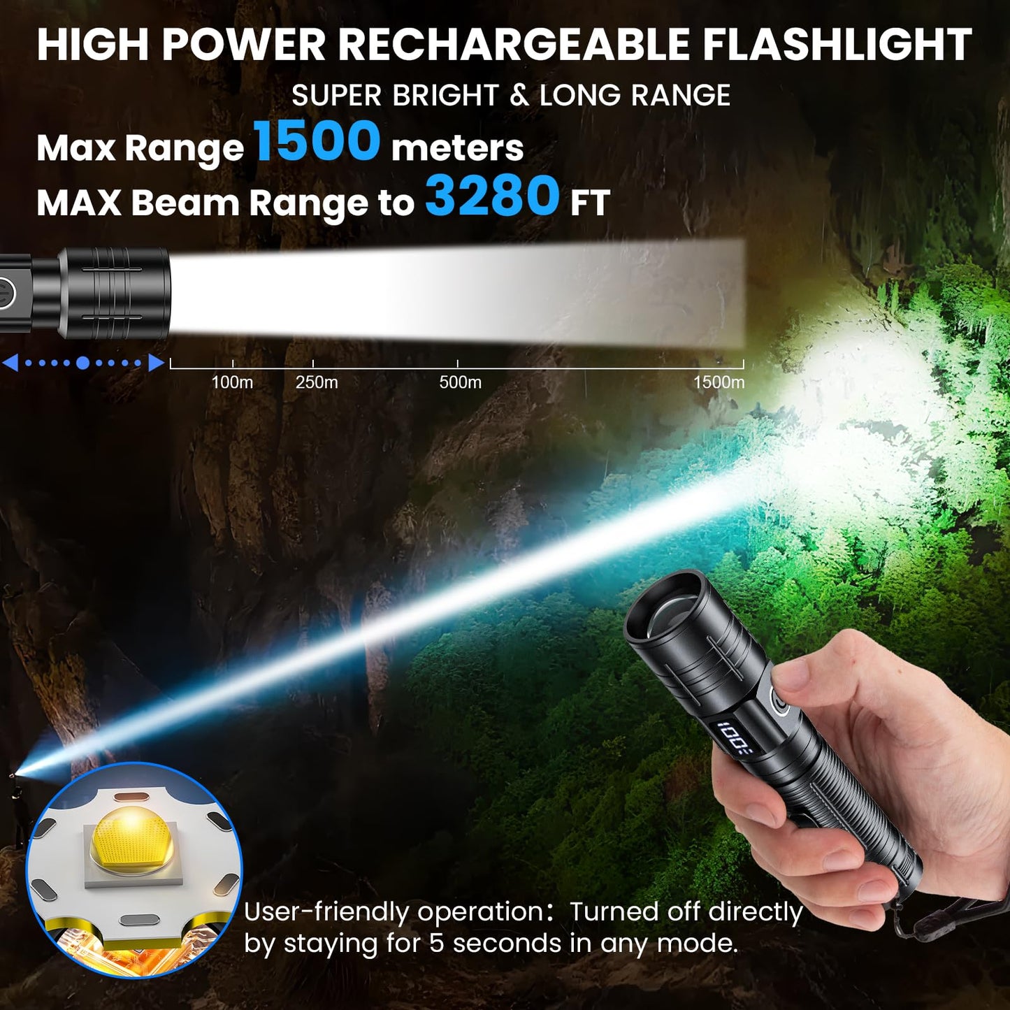 AdamStar Flashlight High Lumens Rechargeable, Super Bright Powerful Flashlight High Powered LED Flash Lights, Pocket Flashlight with 6 Modes, Zoomable Waterproof Handheld for Camping Emergency