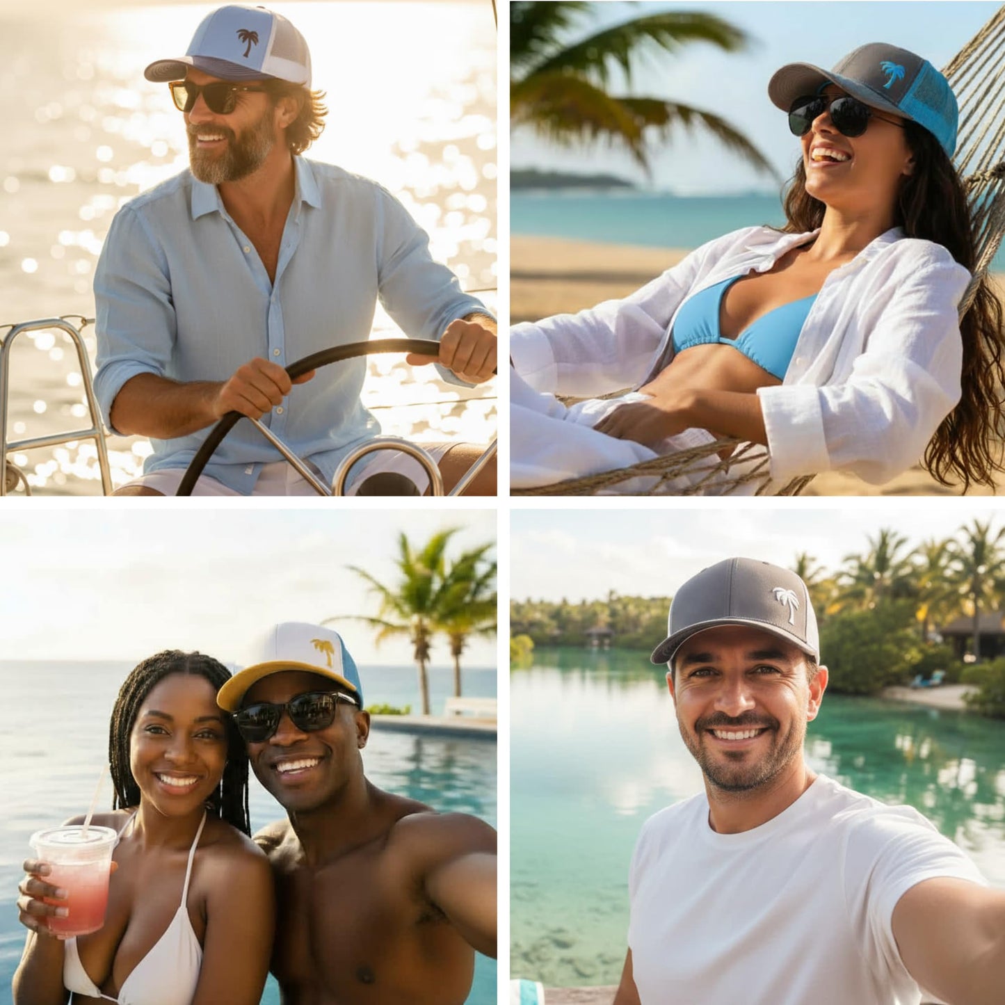 LINDO Trucker Hat [ Palm Tree - Heather White w/Green ]