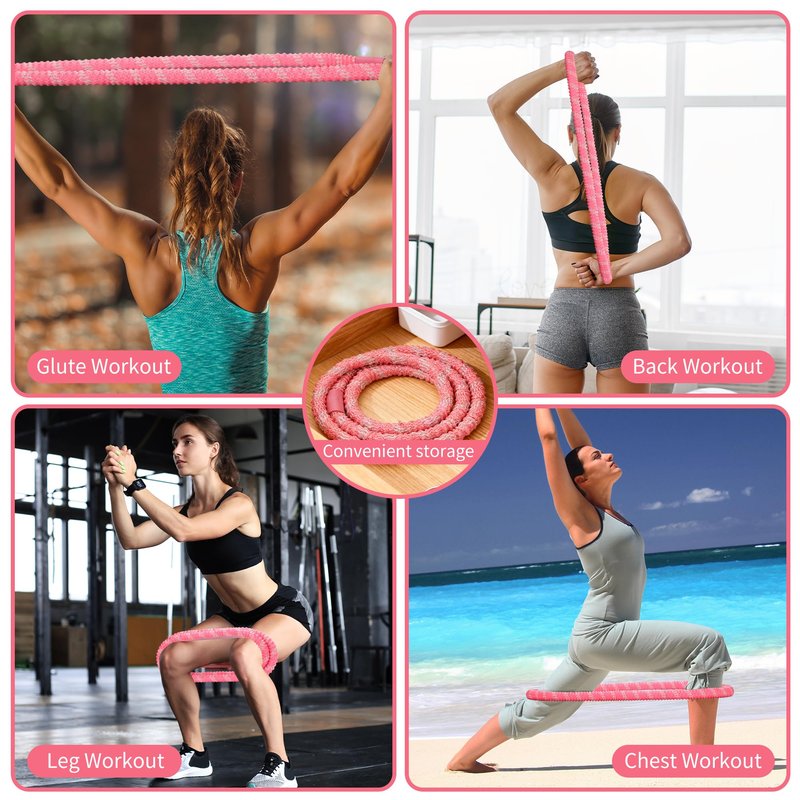 3.3 lbs Spring Soft Hula Hoop for Adults, Foldable Weighted Fitness Hoop with Video Tutorial, Soft Material Protects Lower Back, Home & Travel Workout (Pink)
