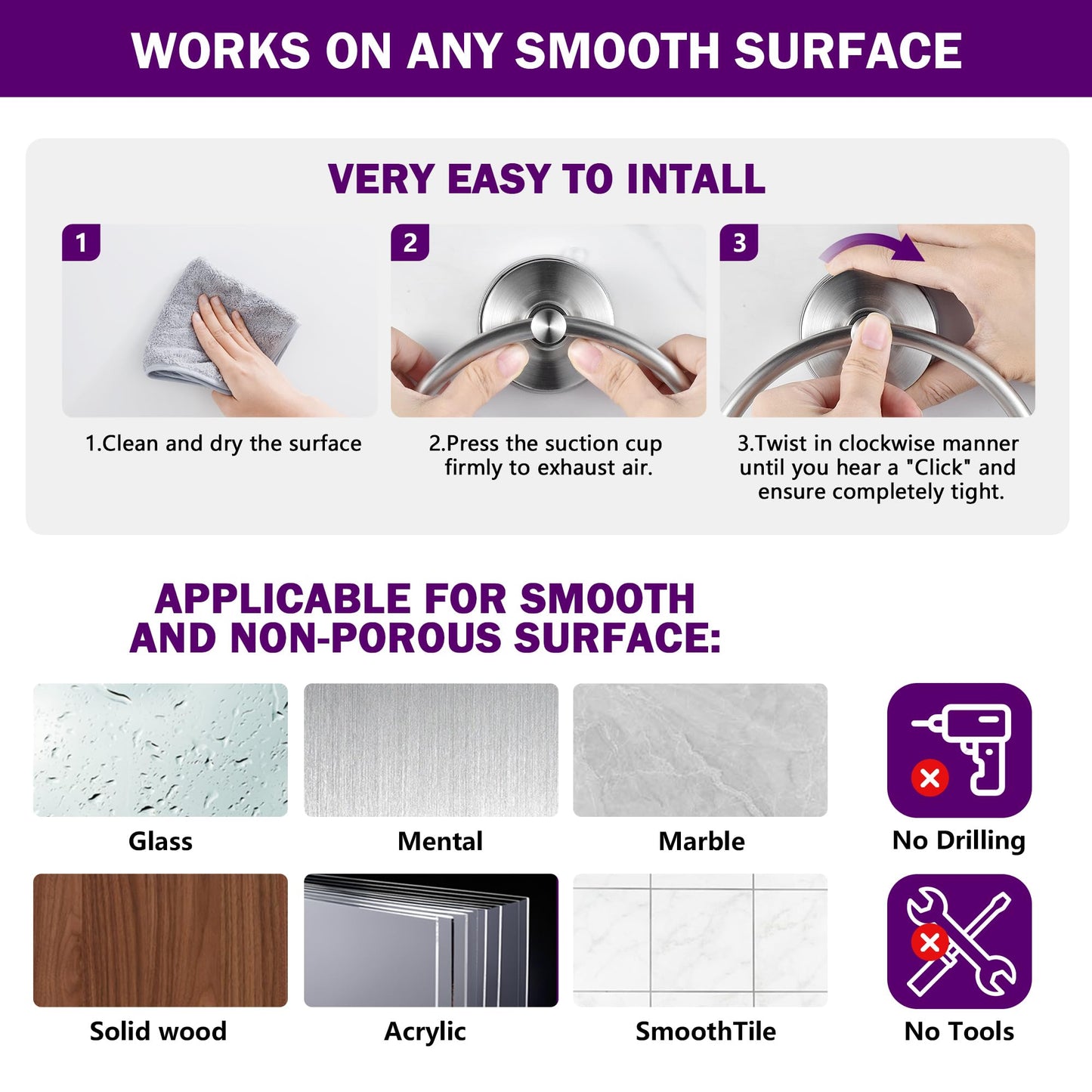 JOMOLA Stainless Steel Suction Cup Towel Ring Holder for Bathroom - Rustproof No Drill Wall Mount Towel Rack, Adjustable & Damage-Free Bathroom Accessories for Shower, Spa, Hotel, Brushed