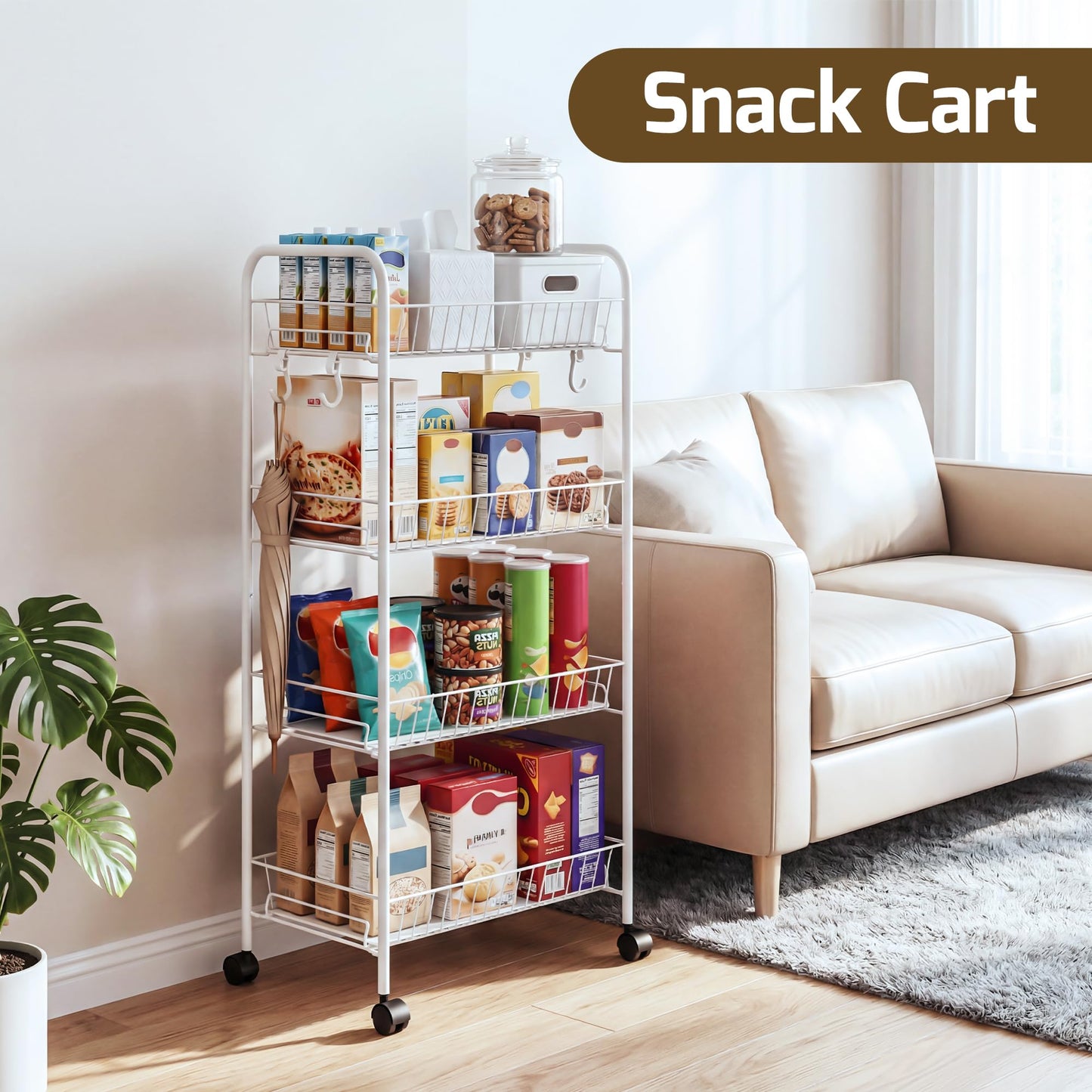PLKOW 4-Tier Metal Rolling Utility Cart, Multi-Functional Storage Cart for Office, Living Room, Kitchen, Bathroom, Lightweight Organizer Cart with Wheels, White