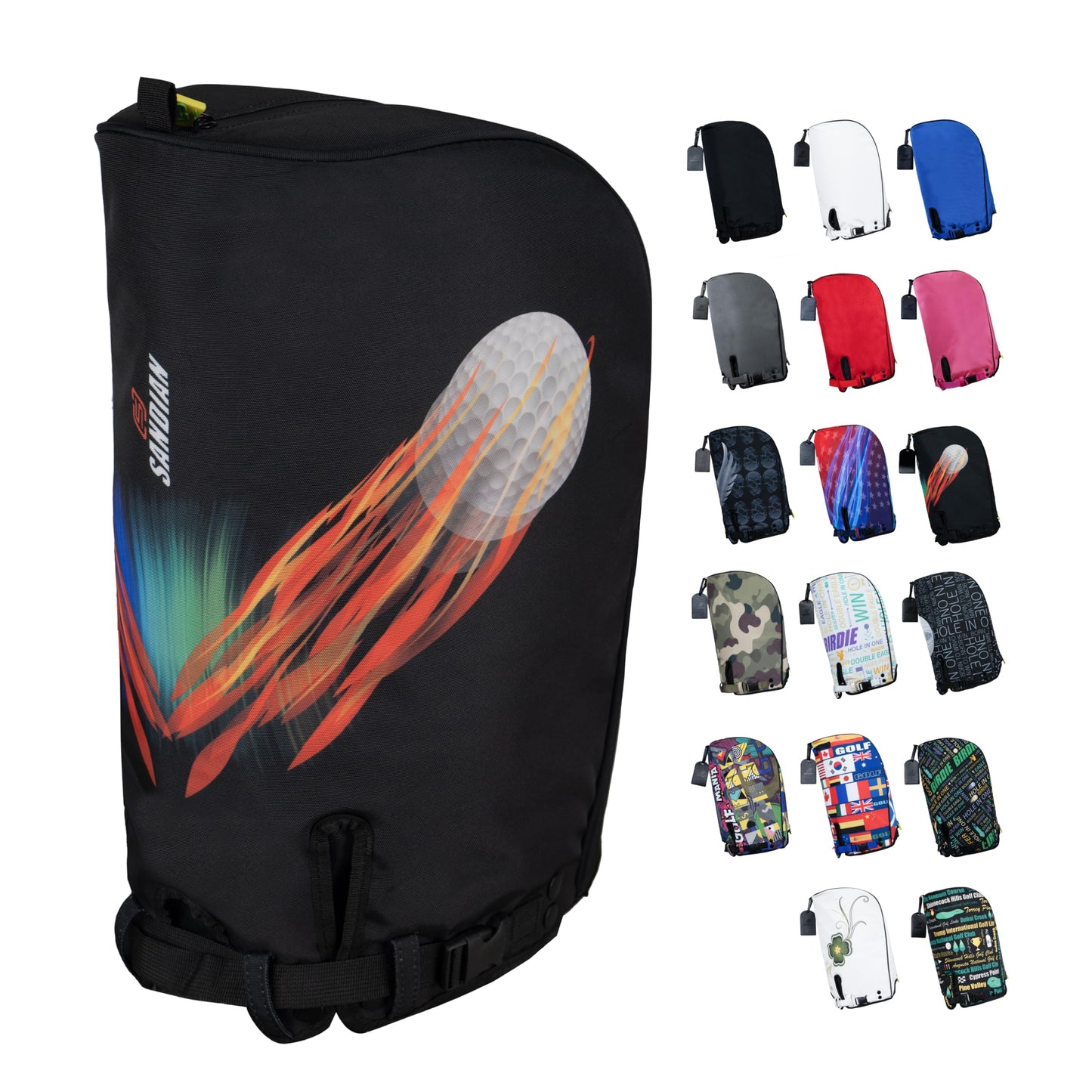 SANDIAN, Spinning Ball, Golf Bag Rain Hood Cover, Waterproof 1260D Oxford Polyester, 12x20 Inches, Padded Protection, PU Coated, Two Sided Zipper, Adjustable Buckle Lock Fasteners, Snap Button Locking