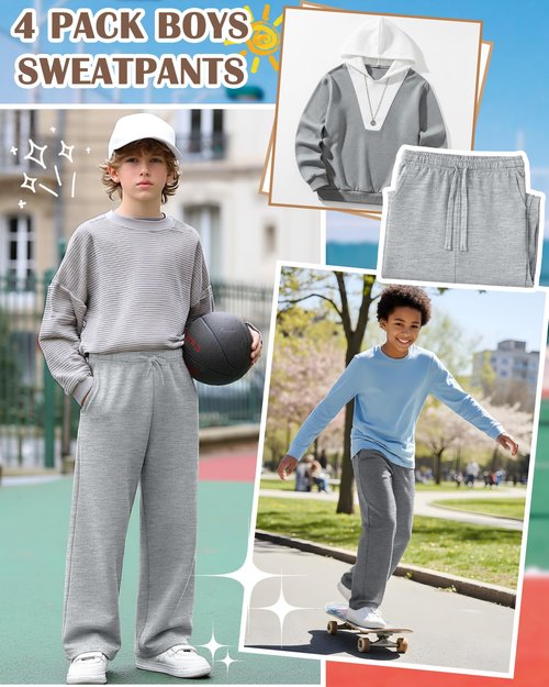 LessonZoo 4 Pack Boys Sweatpants Straight Leg Open Bottom Athletic Joggers Lightweight Elastic Waist Pants with Pockets(Black, Dark Gray, Heather Gray, Light Heather Gray,13-14 Years)