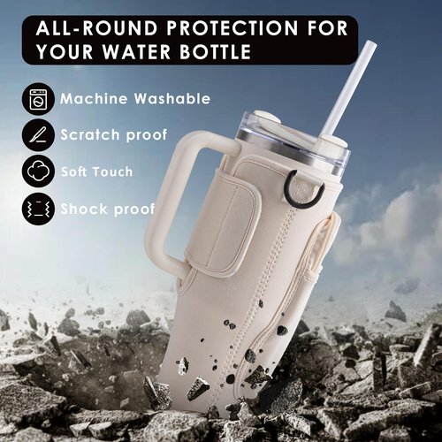 Water Bottle Carrier Bag with Phone and Cards Pockets 40/30oz Tumblers Water Bottle Holder with Adjustable Strap - Ideal Fit for Stanley Cup(White)