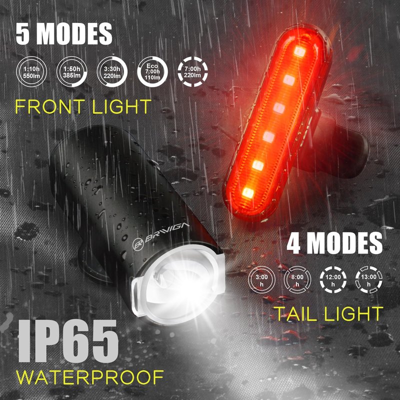 BRIVIGA USB Rechargeable Bike Lights Front and Back, 550 Lumen Alloy LED Bicycle Headlight & Taillight for Night Riding, Waterproof USB Charging Mountain Bike Accessories for Adults & Kids, Easy Mount