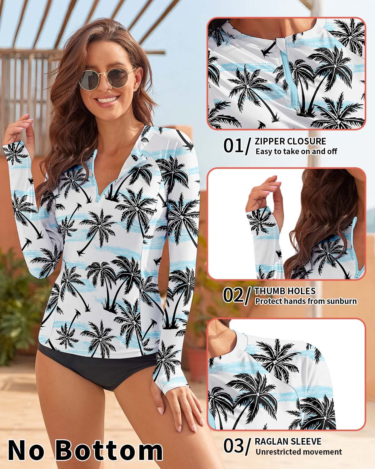WOWENY Women Rash Guard Long Sleeve Swimsuit Top UPF 50 Sun Protection Swim Shirts Half Zip Bathing Suit No Bottom(A-White Coconut, Medium)