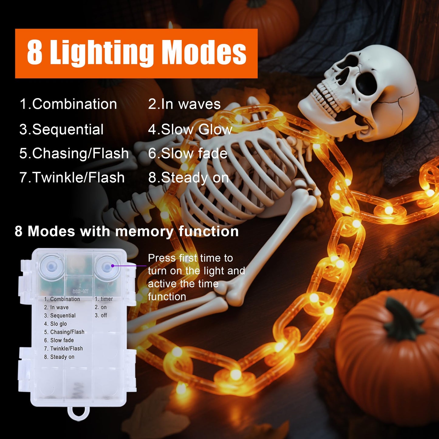 woohaha Halloween Decorations Battery/USB Plastic Chain Lights，10.5FT 175LED Orange Props Chains String Lights,8 Modes and Timer for Outdoor Halloween Party Creepy Cosplay Spooky Ornaments