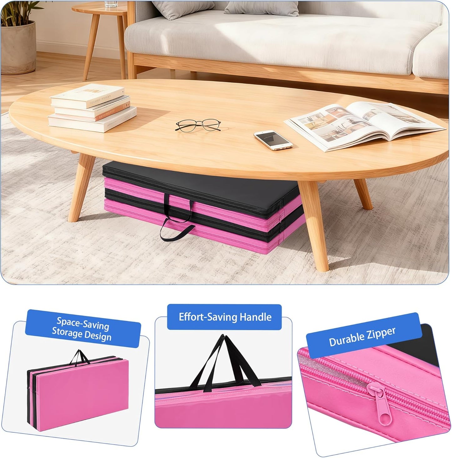 Skiennix Gymnastics Mat - Portable 4-Fold Tumbling Mat with PU Leather & Carry Handle - 6'x3'x2'' for Home Workout, Yoga, MMA, Pilates