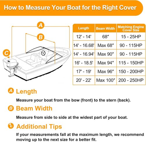 Kipiea 1300D Boat Cover - Heavy Duty Waterproof Protection for V-Hull & Bass Boats (14'-16' Long)